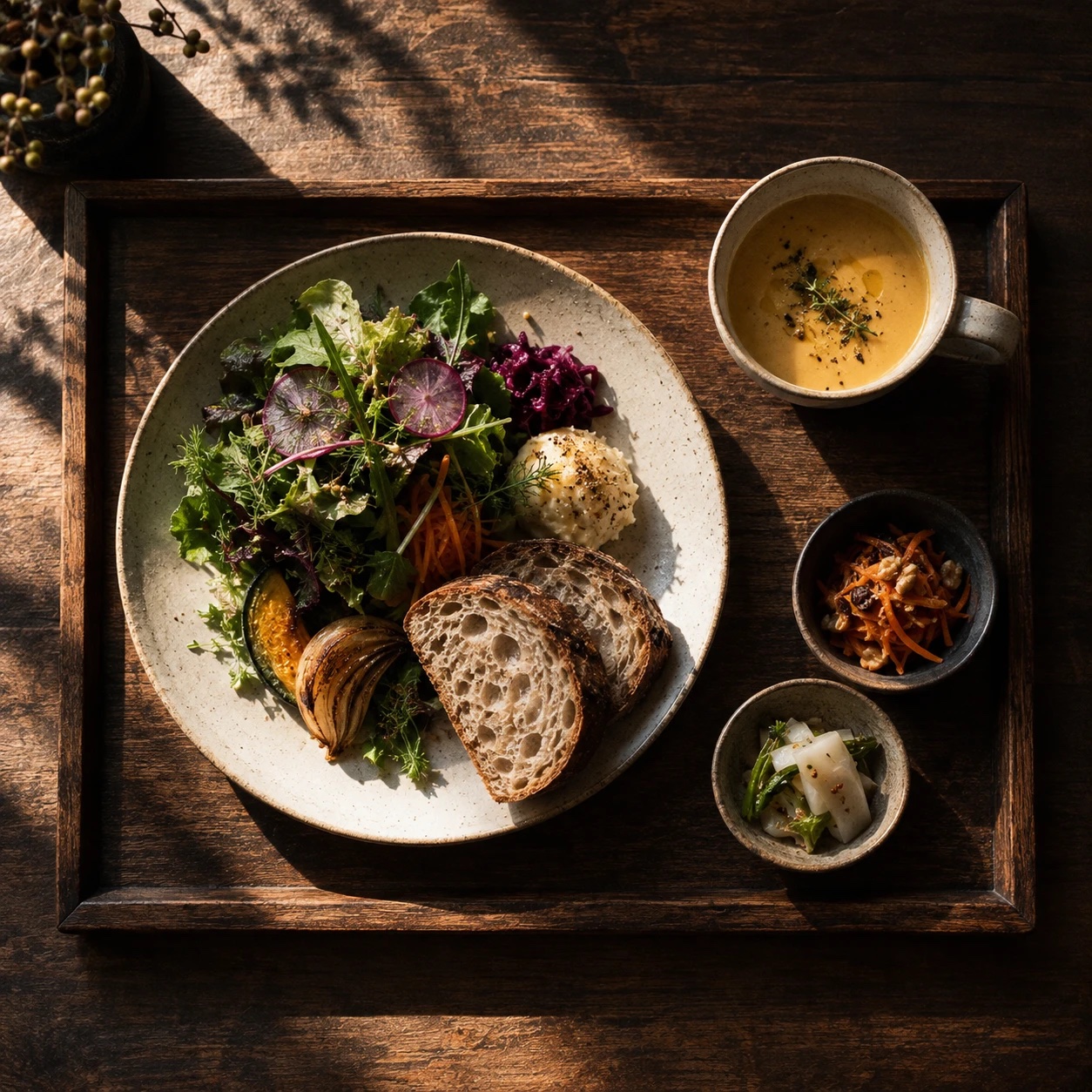 木のトレーにのった、季節野菜のサラダとスープ、パンのランチプレート